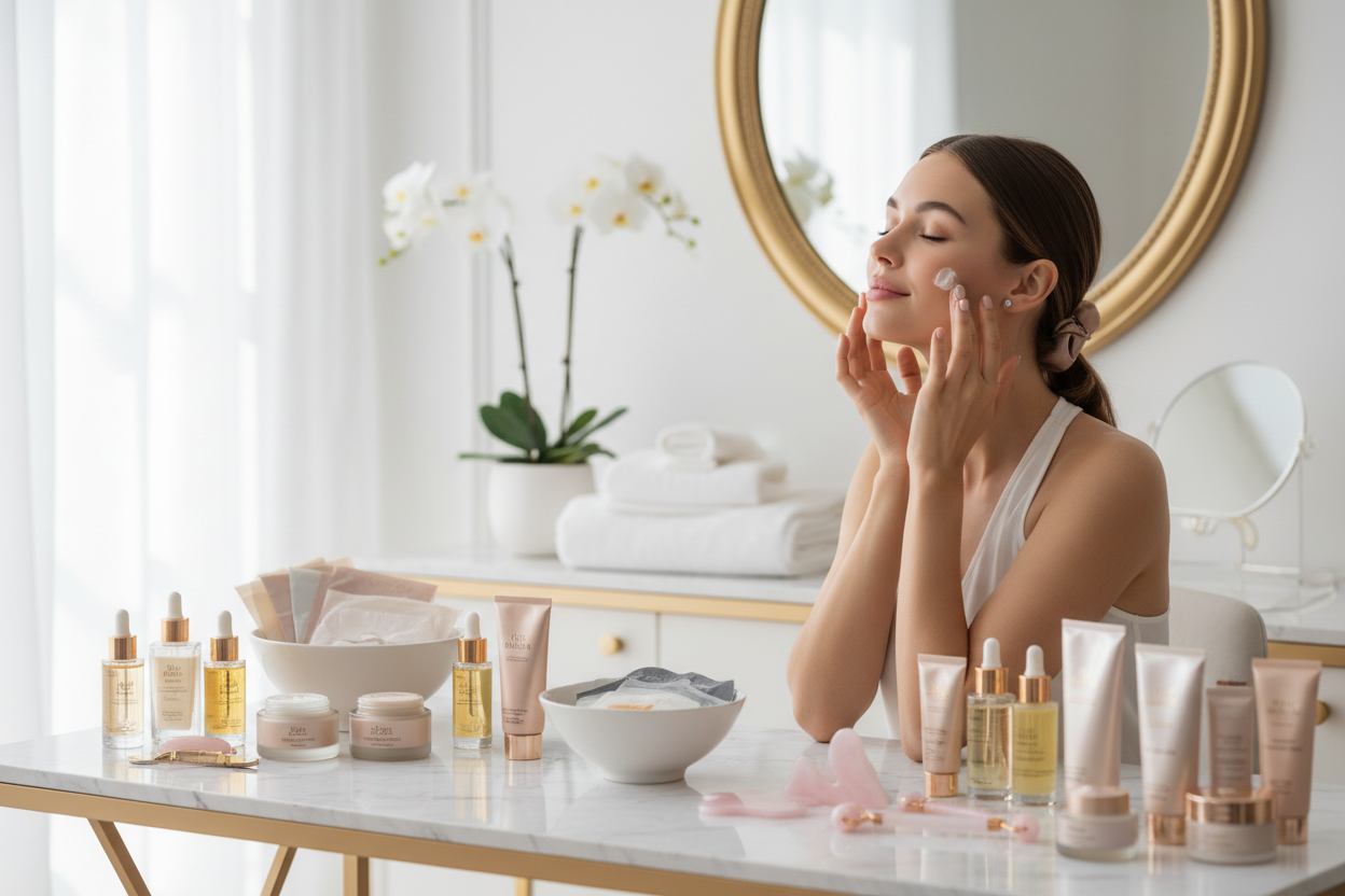 CREATE A IMAGE OF A MODEL DOING HER SKINcare and a beautiful table full of skincare products